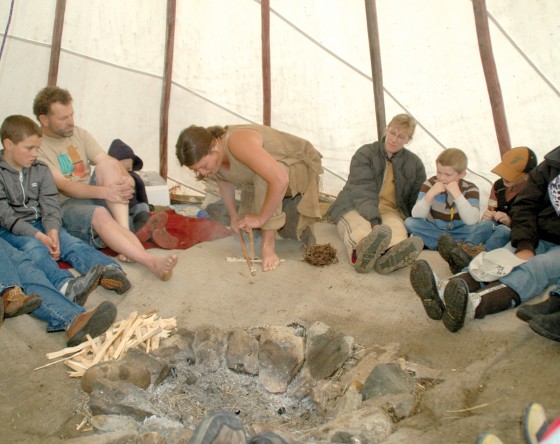 Bowdrill demonstration in teepee.