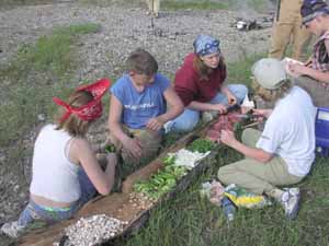 Students preparing stir fry meal on bark.