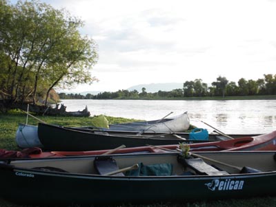 Canoes on shore at Missouri River.