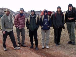 Group bundled up for early spring camping.