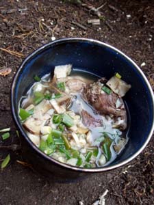 Stewpot of gathered food.